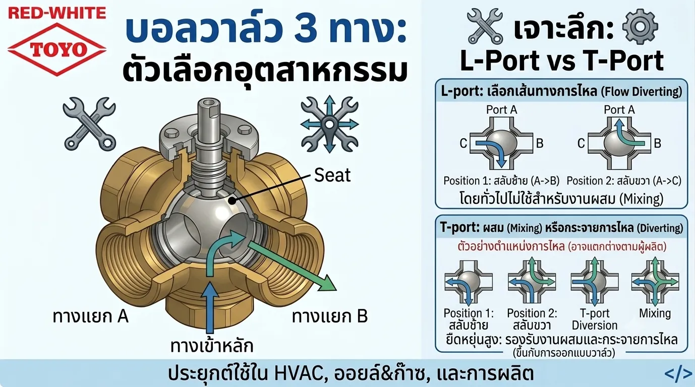 Cutaway diagram of a 3-way brass ball valve