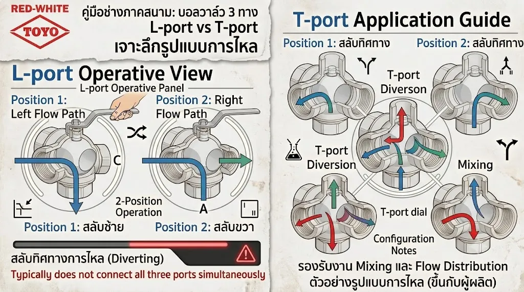 3-way ball valve working principle L-port vs T-port flow pattern